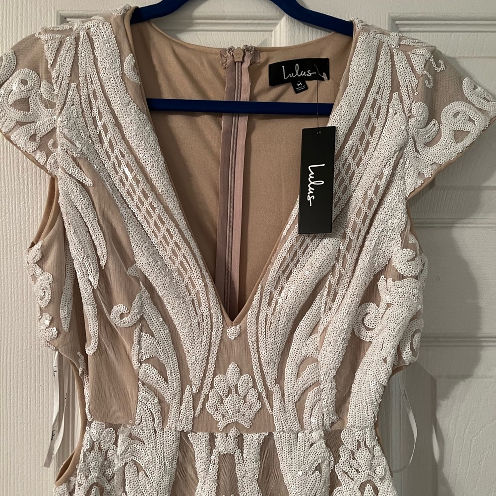 Lulu's Beige and White Embroidered Dress